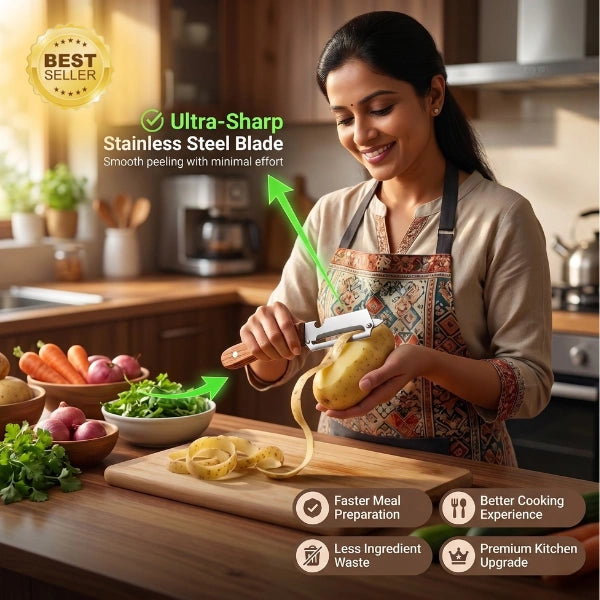 PurePeeler™ 2-in-1 Vegetable Peeler + Bottle Opener — Stainless Steel Blade, Wooden Handle